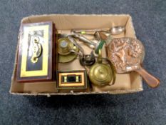 A quantity of brass silver plated items, copper bellows,