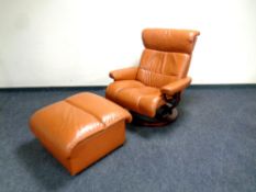 A tan leather swivel armchair by Stressless with matching footstool