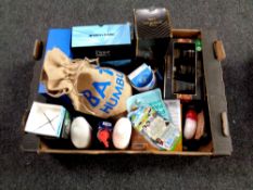 A box containing a quantity of beauty products, soap, Dove, men care,