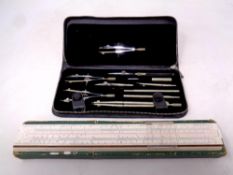 A cased draftsmen's set together with a Castell ruler in case