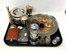 A collection of antique and later silver plated items, hip flask, cutting board,