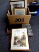 A box containing assorted pictures and prints, framed watercolour,