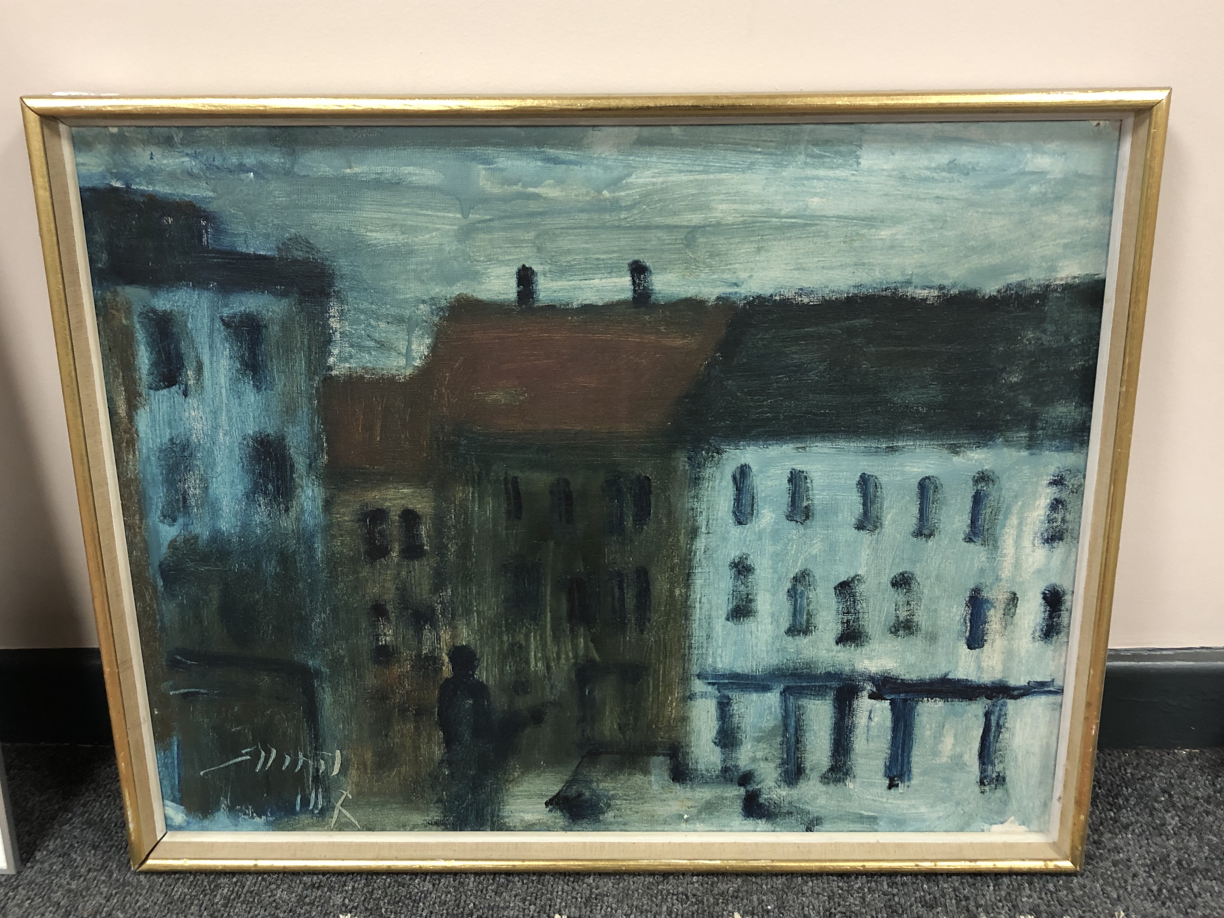 Continental school : Buildings at night, oil on canvas,