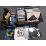 A box and a crate containing Sony turntable, Sony micro hifi system, 78s, vinyl LPs,