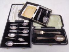 A cased Sheffield silver fork and spoon together with a set of six plated teaspoons and a plated