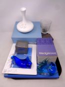 A tray containing boxed Wedgwood vases and photo frame, Wedgwood Silver Jubilee goblet,