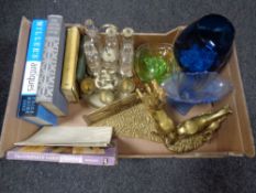 A box containing silver plated and cut glass cruet set, brass figures of horses, assorted glassware,