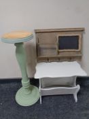 A painted plant pedestal together with a painted magazine table and a pine coat rack with chalk