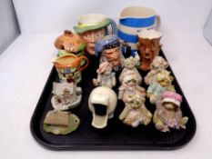 A tray containing assorted ceramics to include TG Green jug, Royal Doulton character jug,