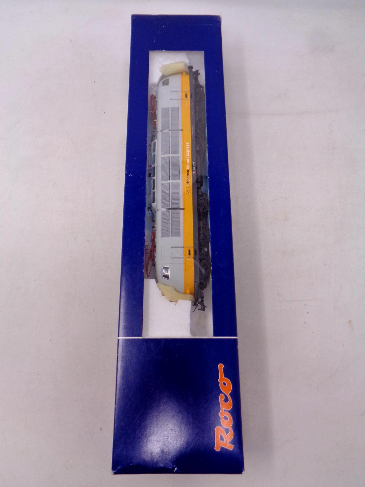 A Roco 63739 HO Scale Lufthansa Airport Express locomotive,