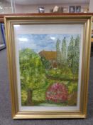 An oil on board, garden with cottage beyond, indistinctly signed,