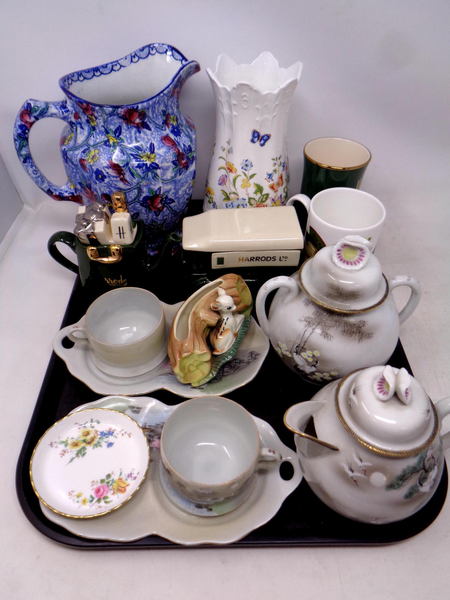 A tray containing assorted ceramics to include Japanese eggshell teaware, Aynsley vase,