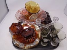 A tray containing assorted glassware to include carnival glass dishes, goblets,