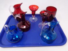 A tray containing seven pieces of Whitefriars glassware to include jugs,