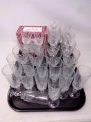 A tray containing assorted glassware to include Royal Albert crystal, boxed wine glasses,