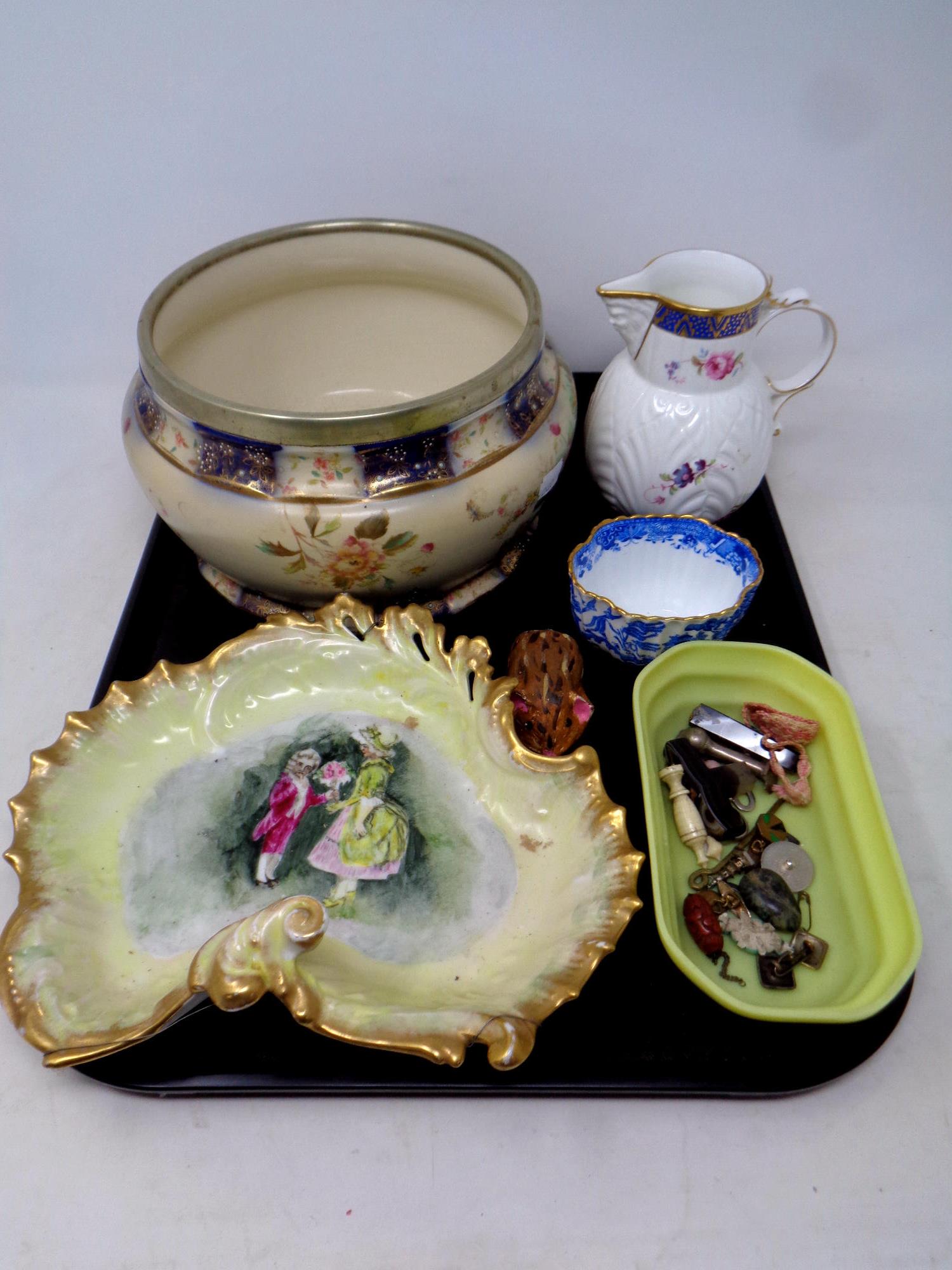 A tray containing assorted ceramics to include a Coalport Caughley mask head jug,