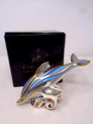 A Royal Crown Derby paperweight, Striped Dolphin with gold stopper,