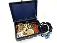 A good collection of costume jewellery, coral necklace, beads, gold plated pocket watch etc.