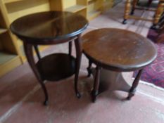 Two mahogany circular two tier occasional tables