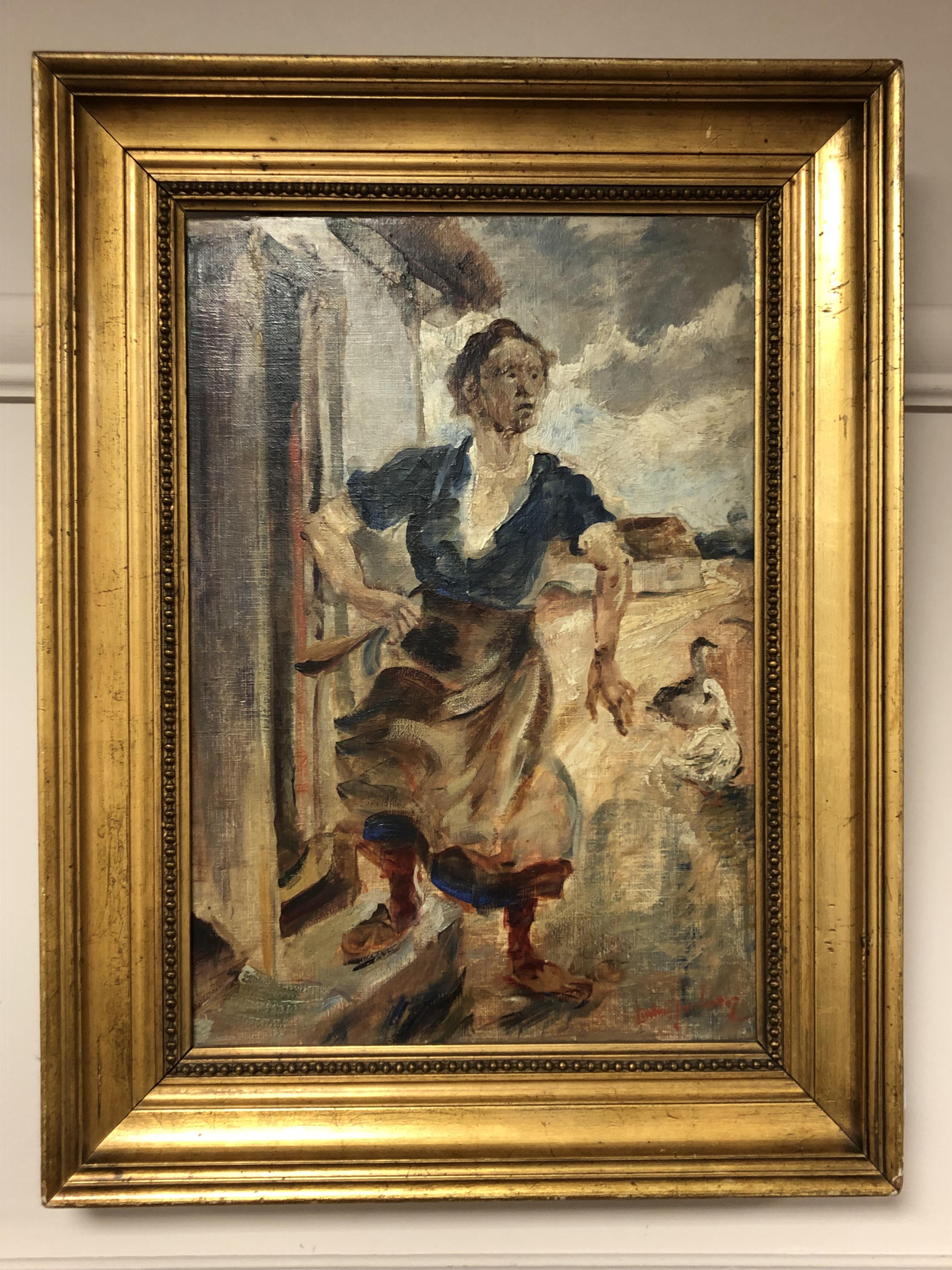 Continental school : Lady standing by a doorway, oil on board,