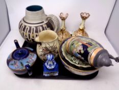 A tray containing assorted ceramics to include Austrian pottery jug, continental gilded vases,