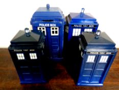Dr Who: A collection of 4 Tardis Police public call box money boxes.