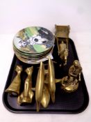 A tray containing assorted brass wares to include animal figures, mining figure, horse and cart,