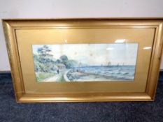 An antiquarian J Geldard Walton watercolour, boats off a coastline, in gilt frame and mount, 57.