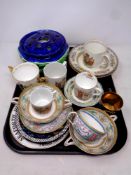 A tray containing ceramics to include commemorative tankards, Ringtons Maling flower bowl,