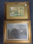 An antiquarian gilt framed oil on board, trees by a river, in a gilt frame,