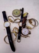 A box containing assorted watches to include a plated cased Peter Pan First World War era pocket