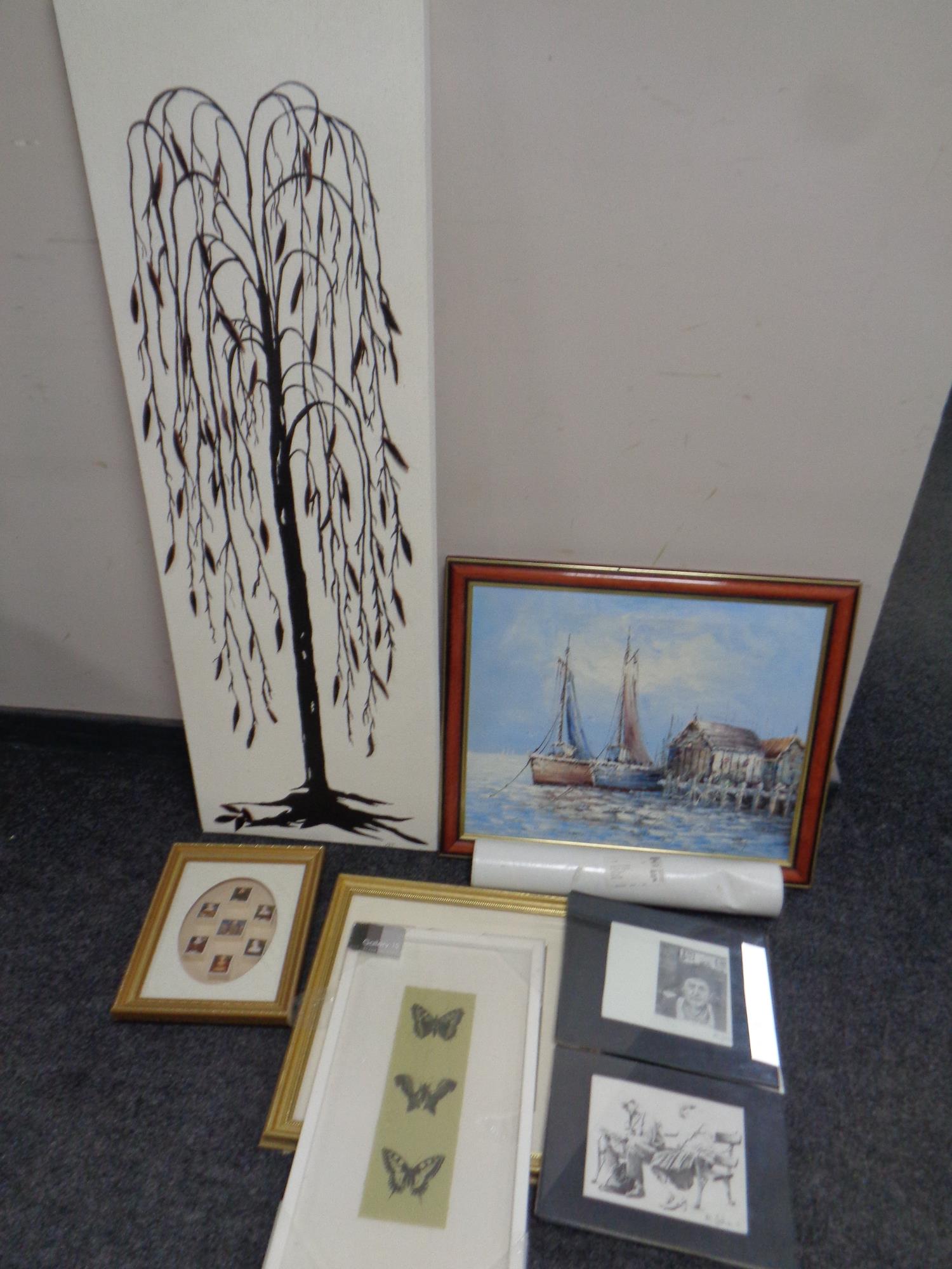 A quantity of pictures to include signed pencil sketches, contemporary wall canvas, framed stamps,