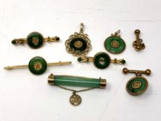 A suite of Chinese 18ct yellow gold jade set jewellery to include two pendants,