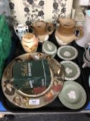 A tray of assorted ceramics, two antique pottery jugs, Wedgwood Jasperware, Royal Doulton plate,