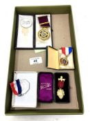 A small collection of commemorative medals, Coronation coin, Order of Oddfellows etc.