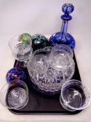 A tray containing assorted glassware to include two tone liqueur decanter,