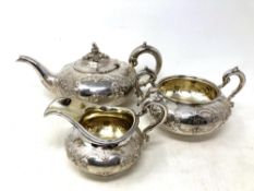 A silver three piece tea service, London 1844, Joseph & Albert Savory, 1209.7g.