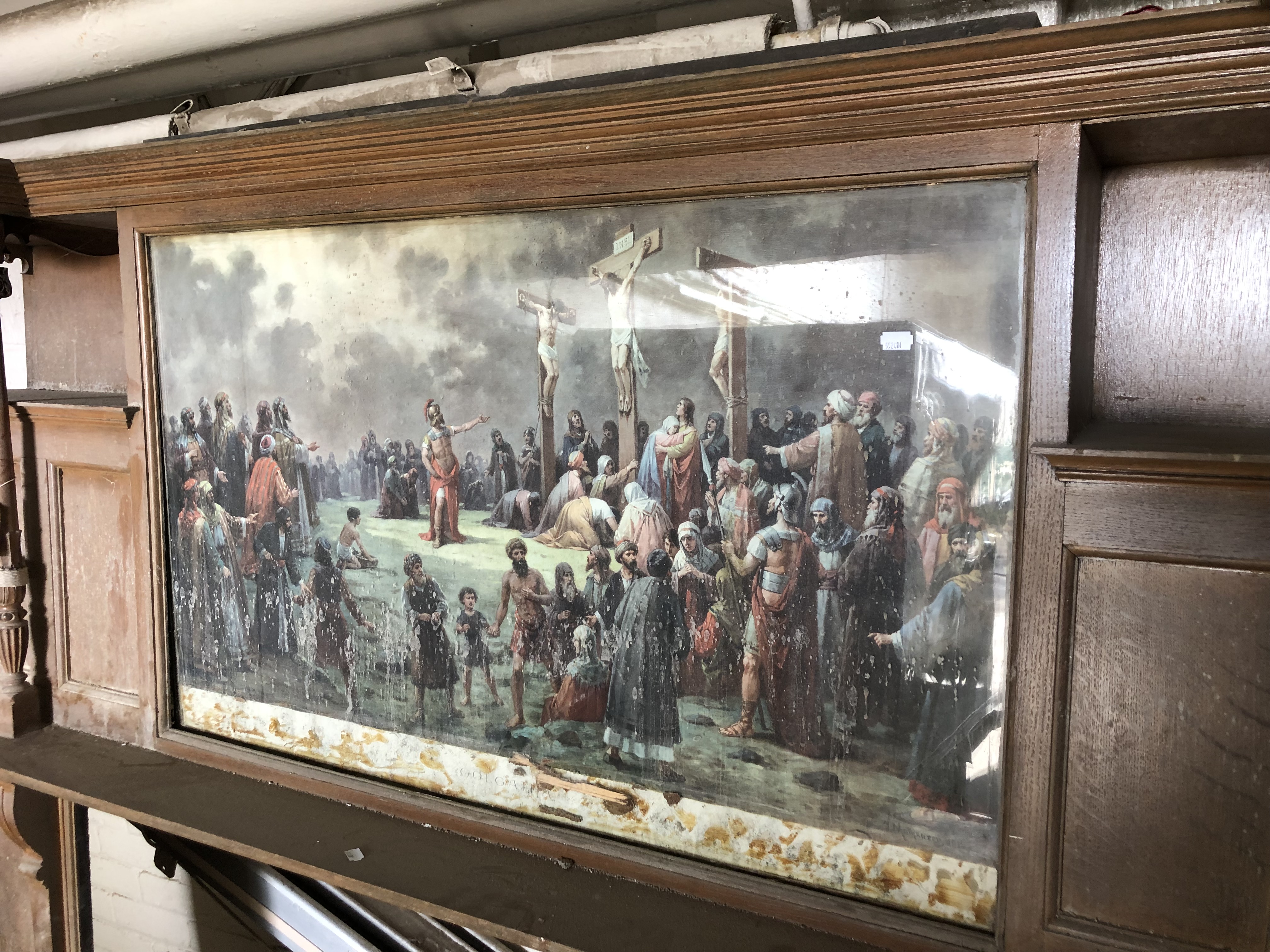 A late 19th century oak fire surround with central panel printed with colour print depicting - Image 2 of 2