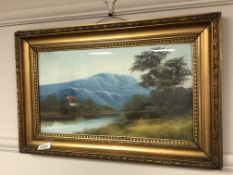 19th century school : Building with mountains beyond, oil on board,