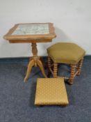 A blonde oak tile topped wine table together with a further blonde oak hexagonal footstool on