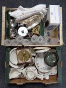 Two boxes containing ceramics and glassware, table linen, plated wares,