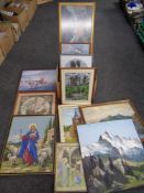 A box containing a quantity of framed pictures, tapestries, oil on board,