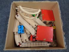 A box containing a wooden Brio train set to include tracks,