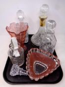 A tray containing assorted glassware to include four cut glass and lead crystal decanters,