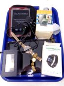 A tray containing smart watch, Galaxy Tab 3, assorted wristwatches,