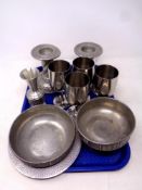 A tray containing assorted metal wares to include Norwegian pewter vase, dish and comport, goblets,