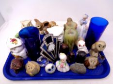 A tray containing assorted ceramic bird owl ornaments to include Beatrix Potter Old Mr Brown,
