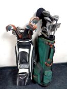 Two golf bags containing a set of Ping irons and drivers together with assorted irons and drivers