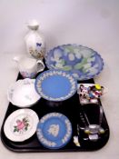 A tray containing assorted ceramics to include Poole dish, Wedgwood Jasperware, Aynsley vase,