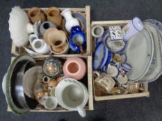 Three crates containing antique and later ceramics to include Victorian wash jug and bowl,